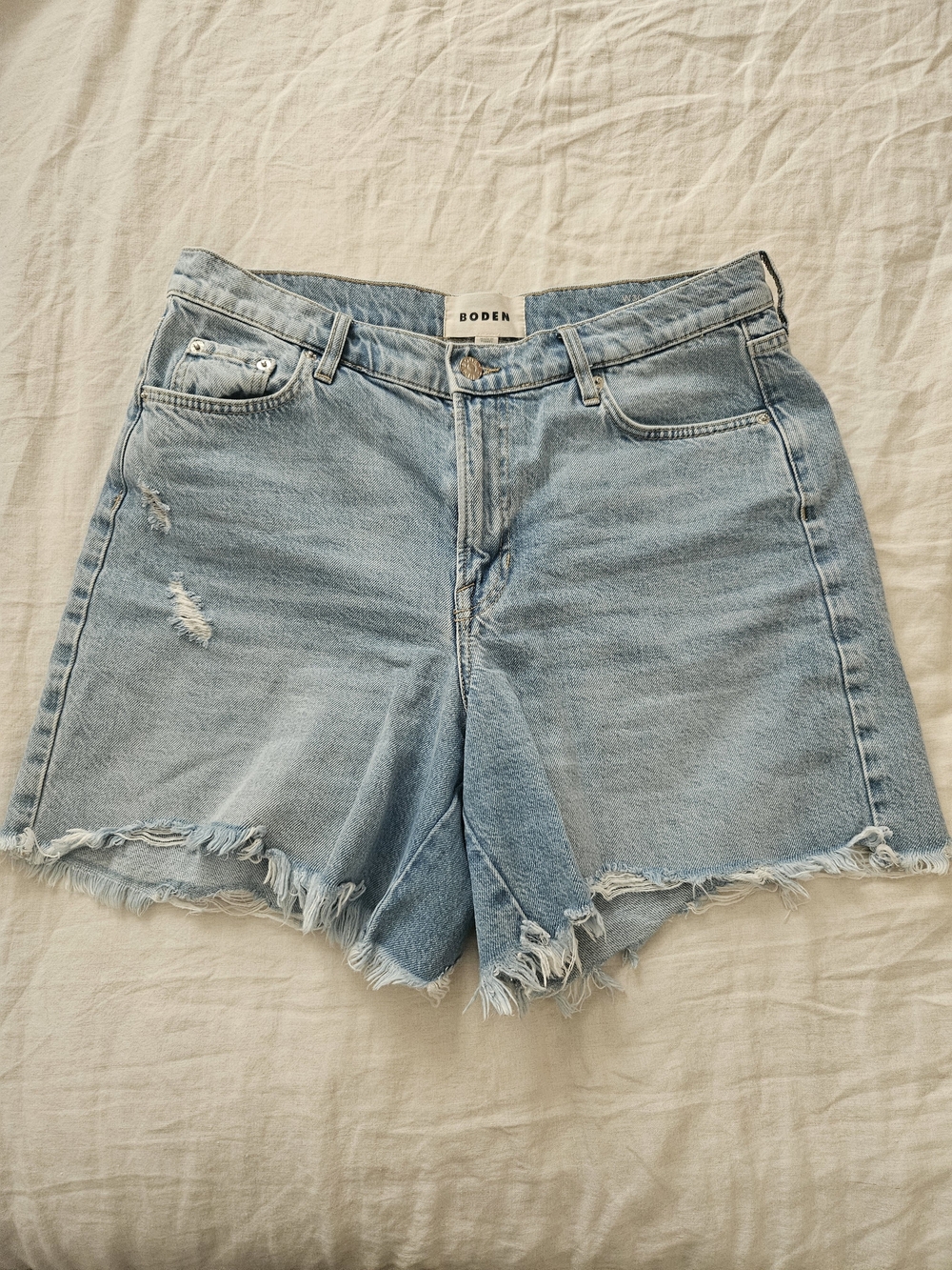 Boden Light Blue Distressed Denim Shorts